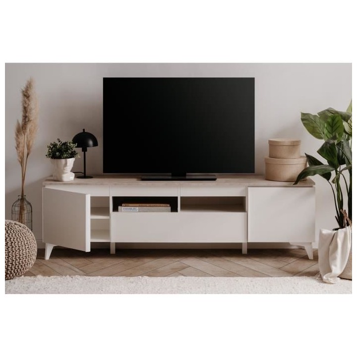 Meuble TV Bertrix 56A - Décor travertin / blanc - Panneaux de particu
