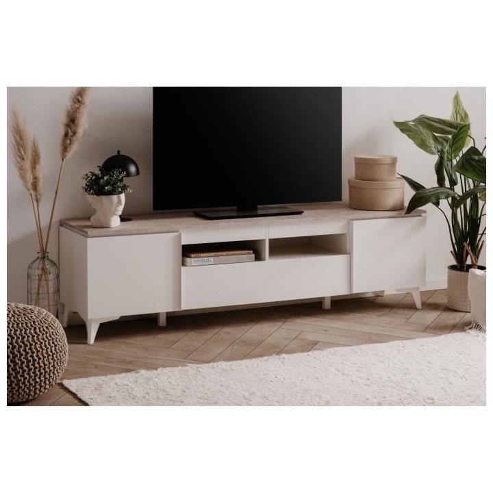 Meuble TV Bertrix 56A - Décor travertin / blanc - Panneaux de particu