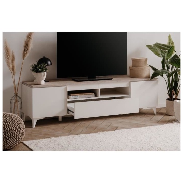 Meuble TV Bertrix 56A - Décor travertin / blanc - Panneaux de particu