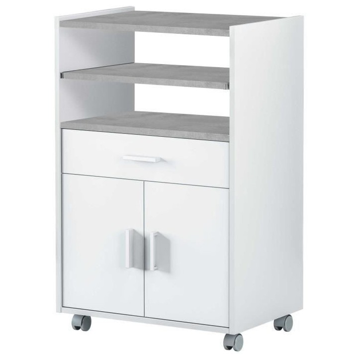 Meuble micro-ondes TIDY - Blanc artik béton - 2 Portes + 1 Tiroir - L