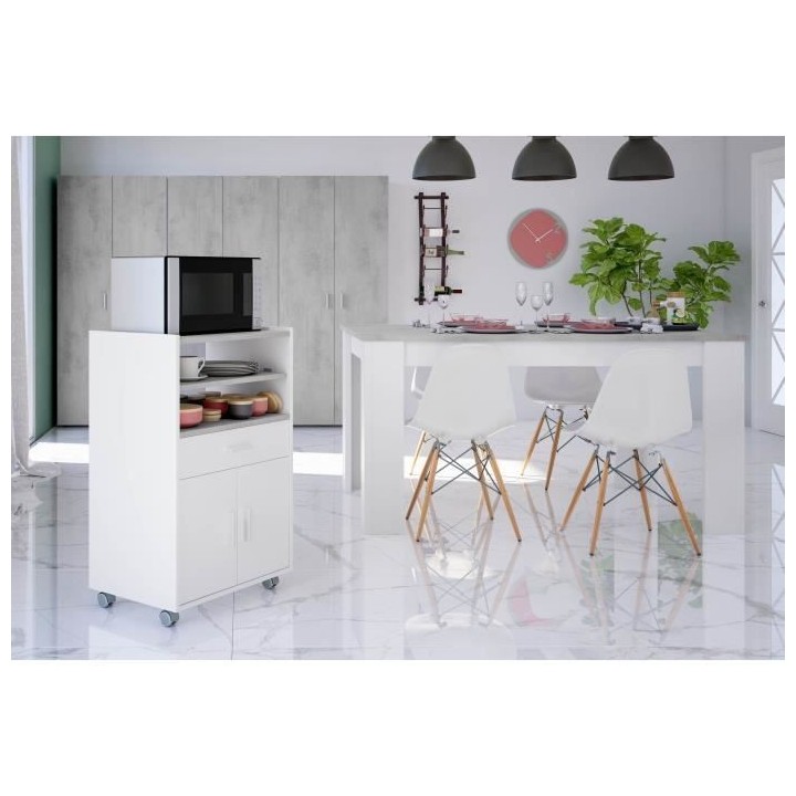 Meuble micro-ondes TIDY - Blanc artik béton - 2 Portes + 1 Tiroir - L