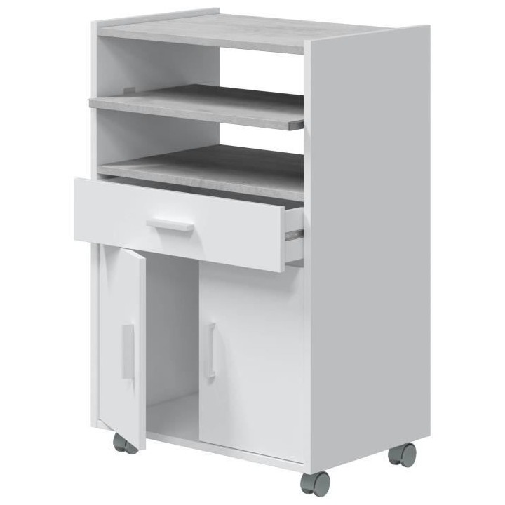 Meuble micro-ondes TIDY - Blanc artik béton - 2 Portes + 1 Tiroir - L