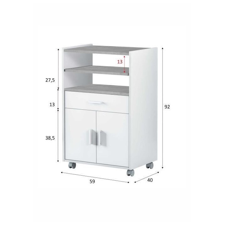 Meuble micro-ondes TIDY - Blanc artik béton - 2 Portes + 1 Tiroir - L