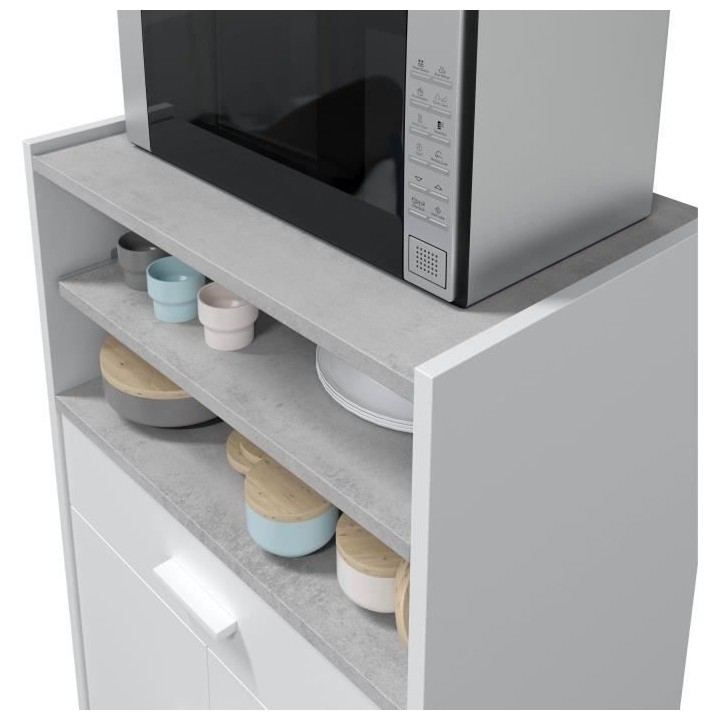 Meuble micro-ondes TIDY - Blanc artik béton - 2 Portes + 1 Tiroir - L