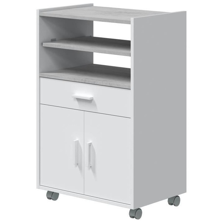Meuble micro-ondes TIDY - Blanc artik béton - 2 Portes + 1 Tiroir - L