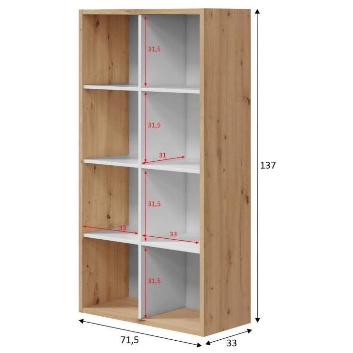 Bibliotheque étagere NOA - Blanc et chene - 8 cases - 137x71,5x33 cm