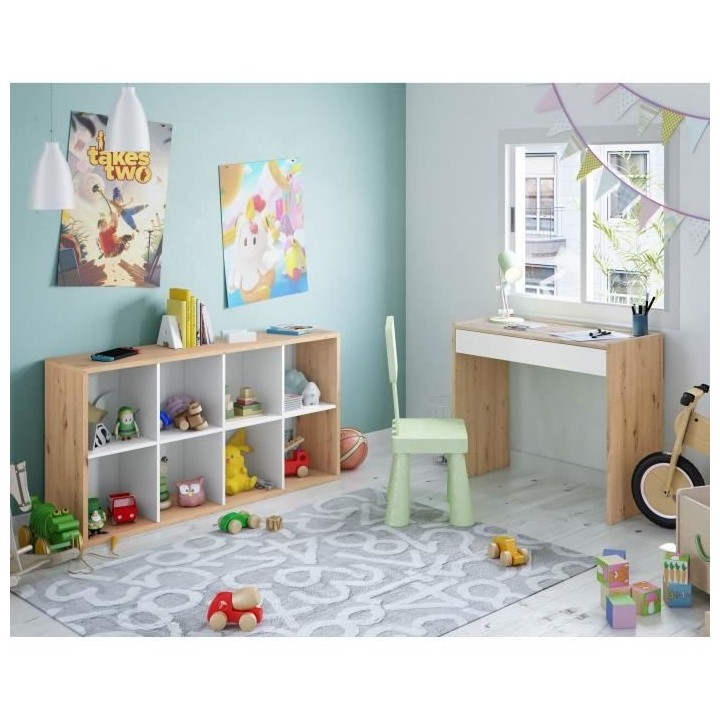 Bibliotheque étagere NOA - Blanc et chene - 8 cases - 137x71,5x33 cm