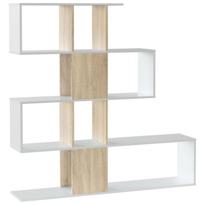 Bibliotheque étagere ZIGZAG - Chene et blanc - 4 niveaux - Mélamine