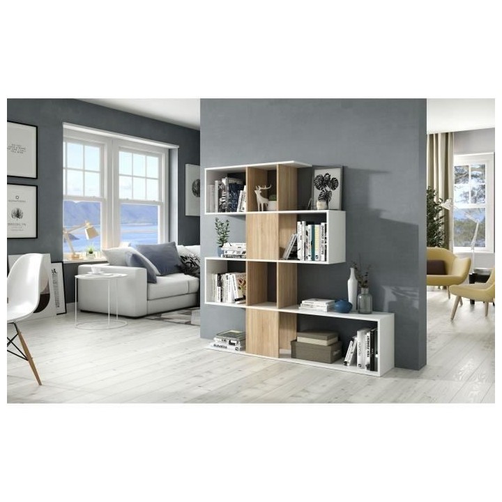 Bibliotheque étagere ZIGZAG - Chene et blanc - 4 niveaux - Mélamine