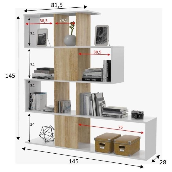 Bibliotheque étagere ZIGZAG - Chene et blanc - 4 niveaux - Mélamine