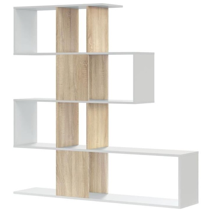 Bibliotheque étagere ZIGZAG - Chene et blanc - 4 niveaux - Mélamine