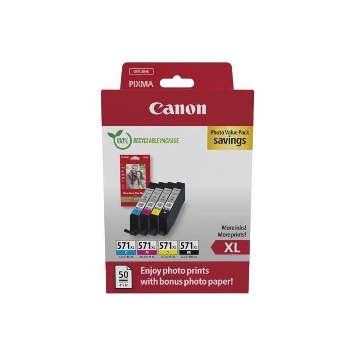 Cartouches d'encre + pack papiers photo - CANON - CLI-571XL Noir/Cyan/