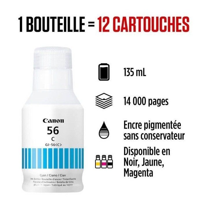 Bouteille d'encre - CANON - GI-56BK - Cyan - Compatibilité MAXIFY GX