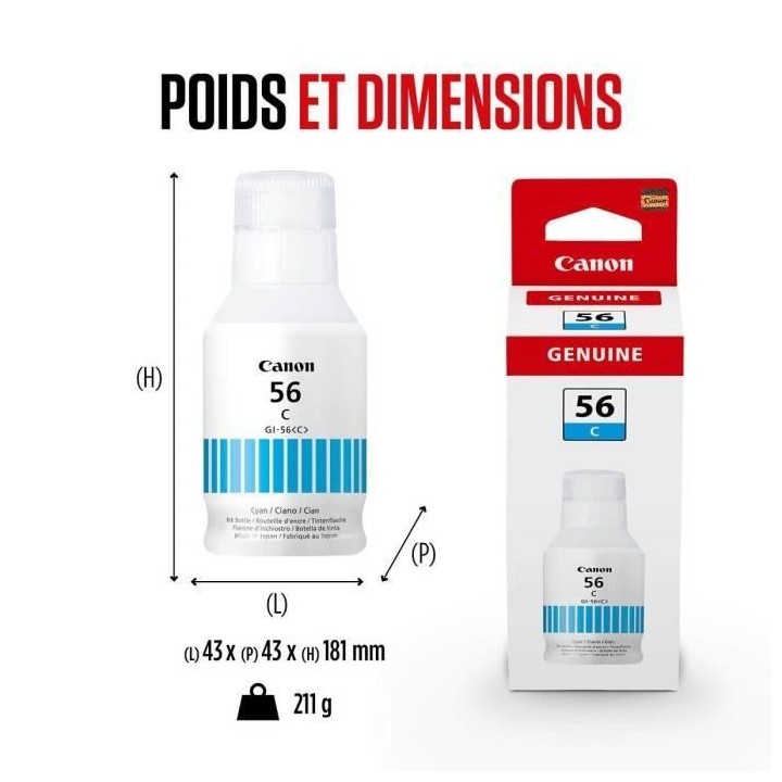 Bouteille d'encre - CANON - GI-56BK - Cyan - Compatibilité MAXIFY GX