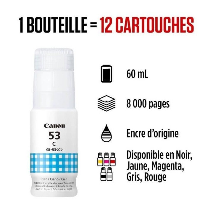 Bouteille d'encre - CANON - GI-53C - Cyan - Compatibilité PIXMA G650