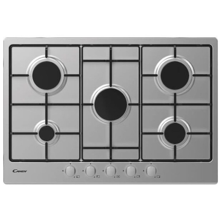 Plaque gaz -CANDY - 5 foyers - L 74,5 x P 51 cm - CHW7X -Acier inoxyda