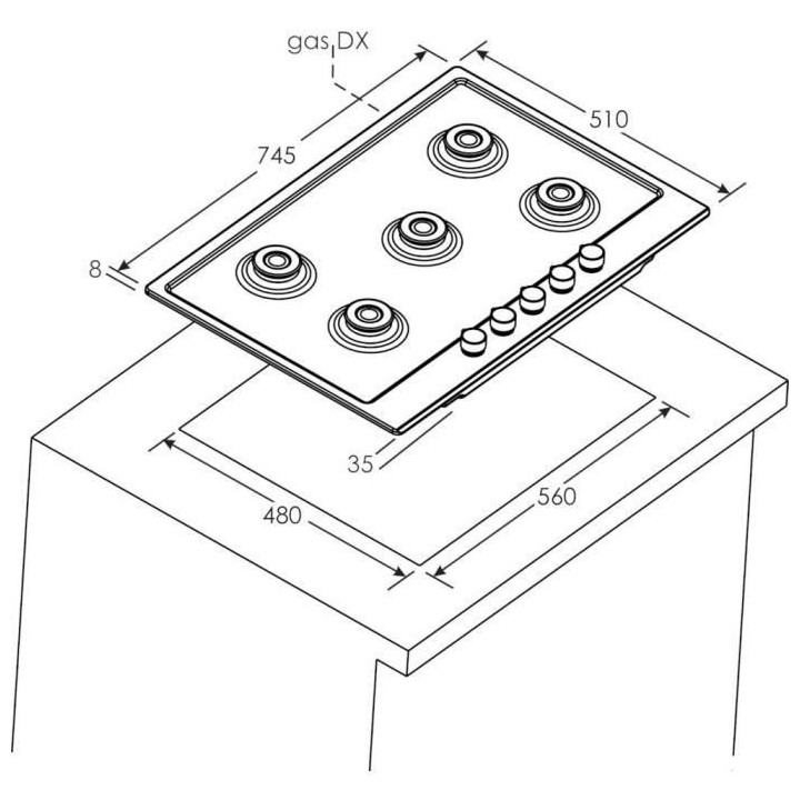 Plaque gaz -CANDY - 5 foyers - L 74,5 x P 51 cm - CHW7X -Acier inoxyda