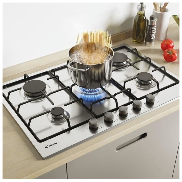 Plaque gaz -CANDY - 5 foyers - L 74,5 x P 51 cm - CHW7X -Acier inoxyda