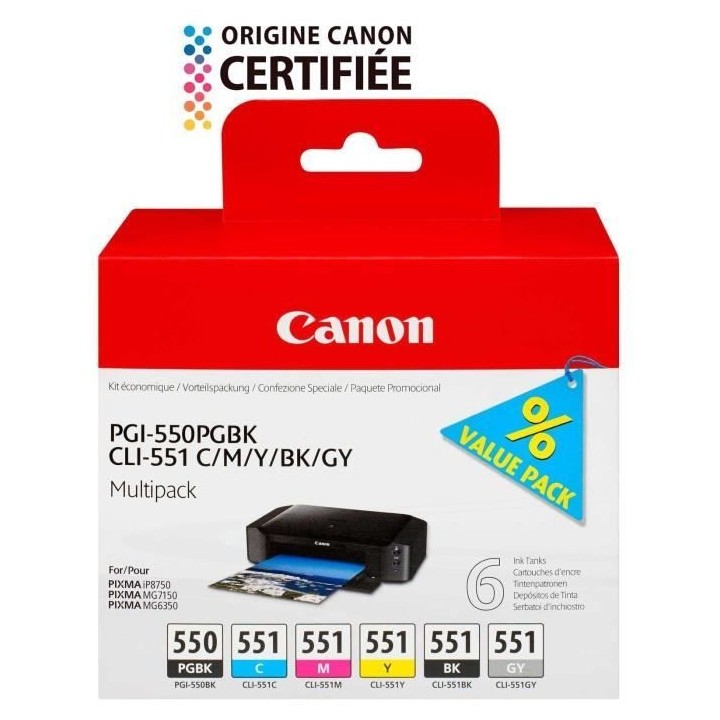 CANON Pack de 5 cartouches d'encre PGI-550 / CLI-551 Noir/Cyan/Magenta