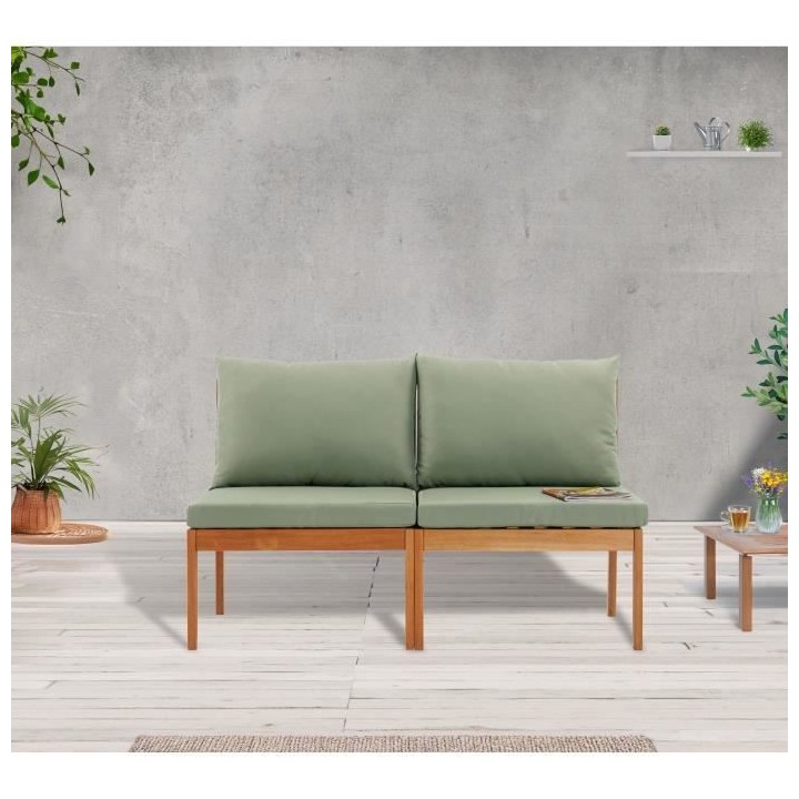 Banquette de jardin ALMA en bois d'acacia FSC avec coussins - 2 person