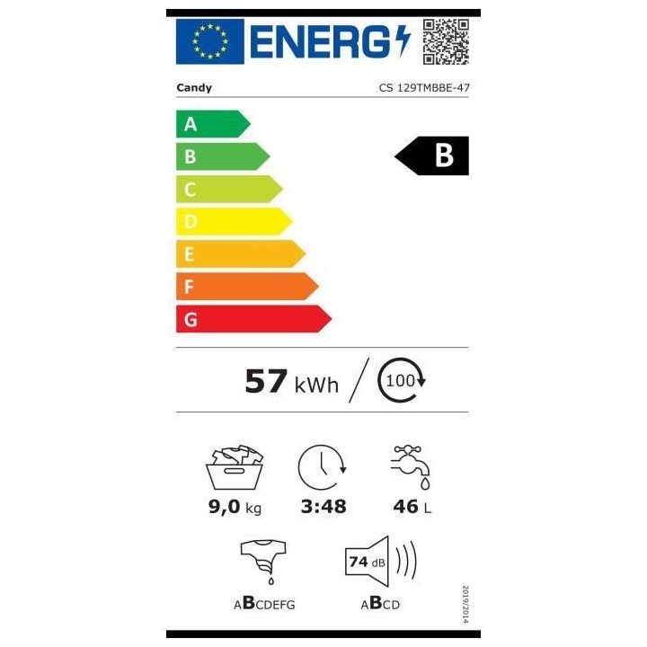 Lave-linge hublot CANDY CS 129TMBBE-47 - 9 kg - Induction - 1200 trs/m