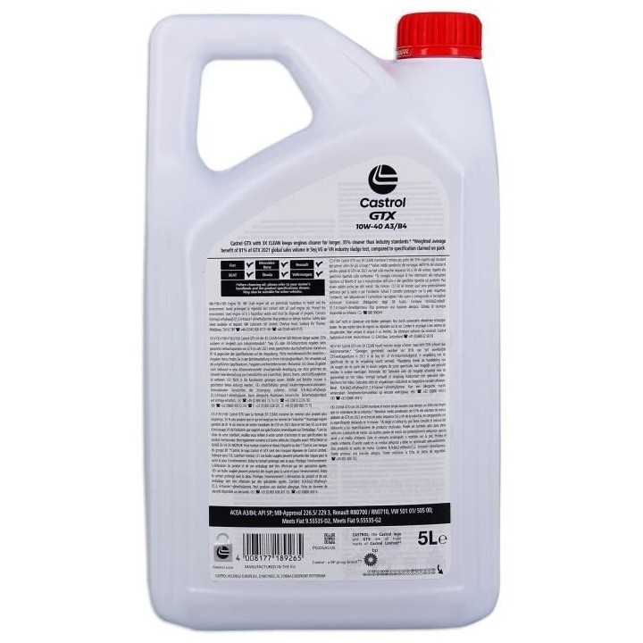 Huile moteur - CASTROL - GTX 10W-40 A3/B4 - 5L