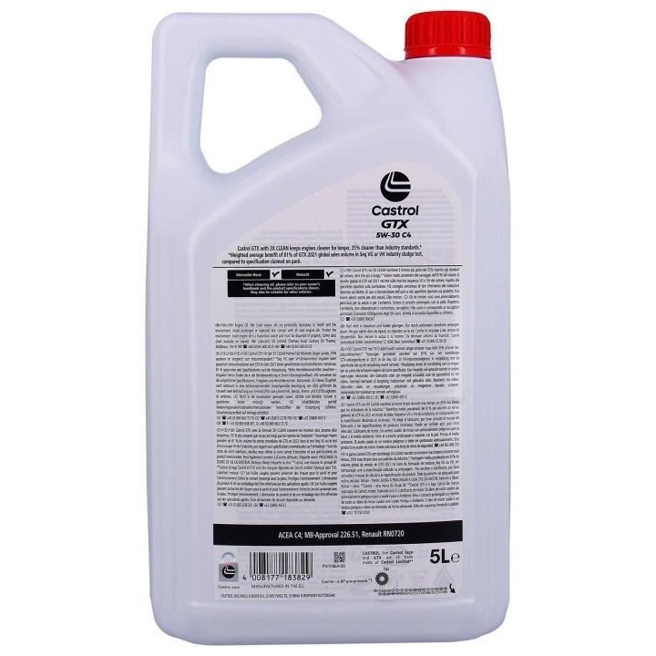 Huile moteur - CASTROL - GTX 5W-30 C4 - 5L