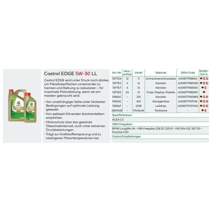 Huile moteur - CASTROL - EDGE 5W-30 LL - 1L