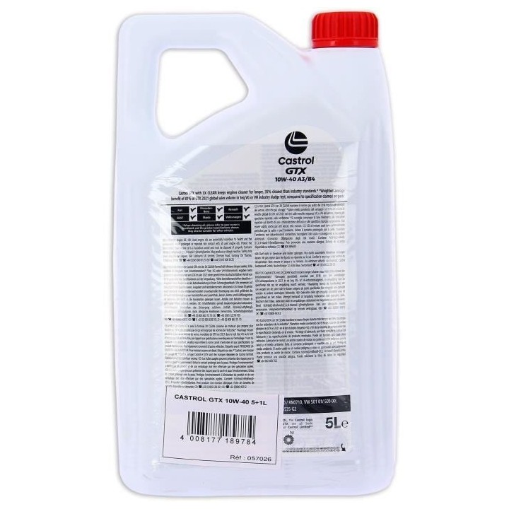 Huile Moteur - CASTROL GTX - 10W-40 A3/B4 - 5L+1L - 057026