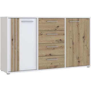 Buffet CARDIGAN 2 portes, 4 tiroirs - Décor chene artisan et blanc -
