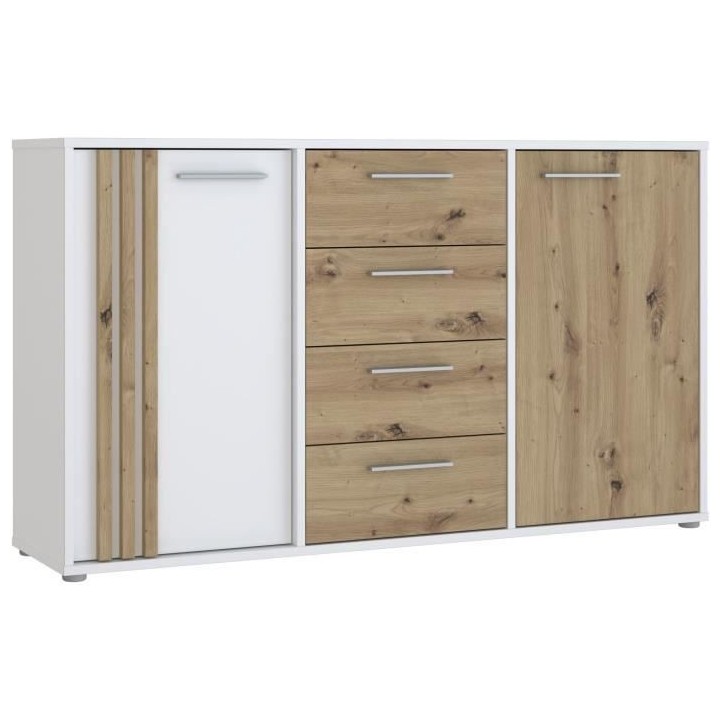 Buffet CARDIGAN 2 portes, 4 tiroirs - Décor chene artisan et blanc -