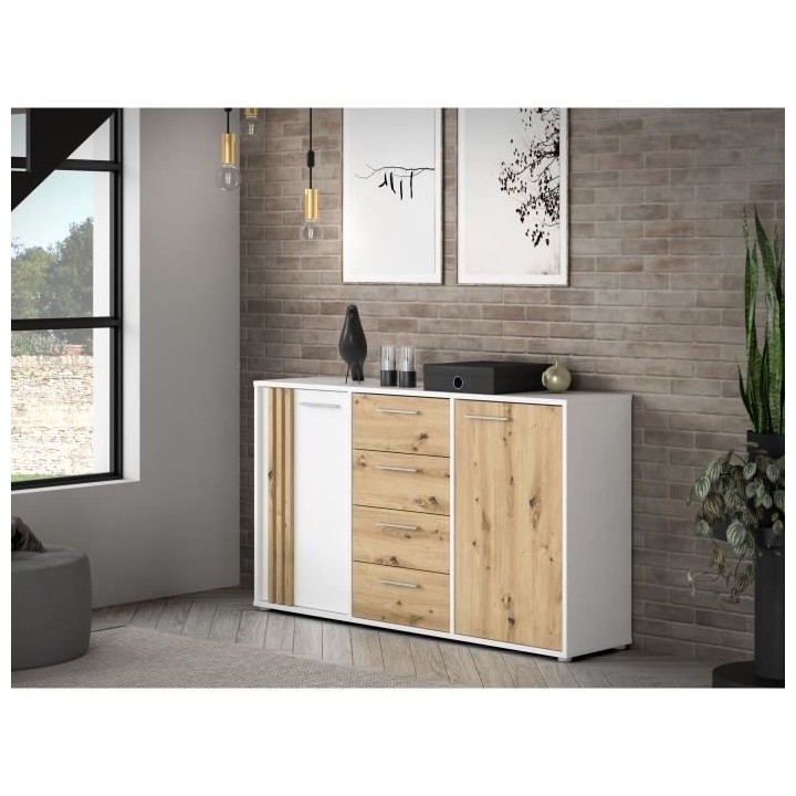 Buffet CARDIGAN 2 portes, 4 tiroirs - Décor chene artisan et blanc -