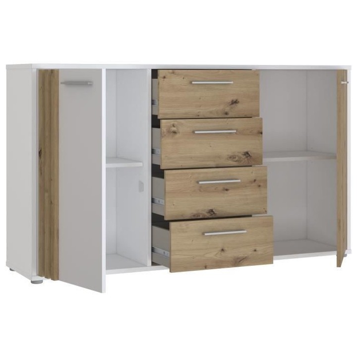 Buffet CARDIGAN 2 portes, 4 tiroirs - Décor chene artisan et blanc -