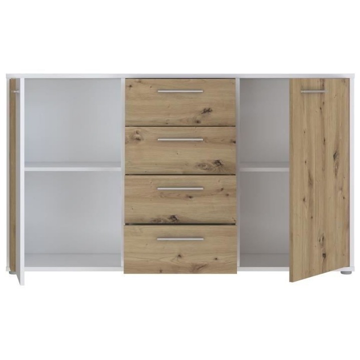Buffet CARDIGAN 2 portes, 4 tiroirs - Décor chene artisan et blanc -