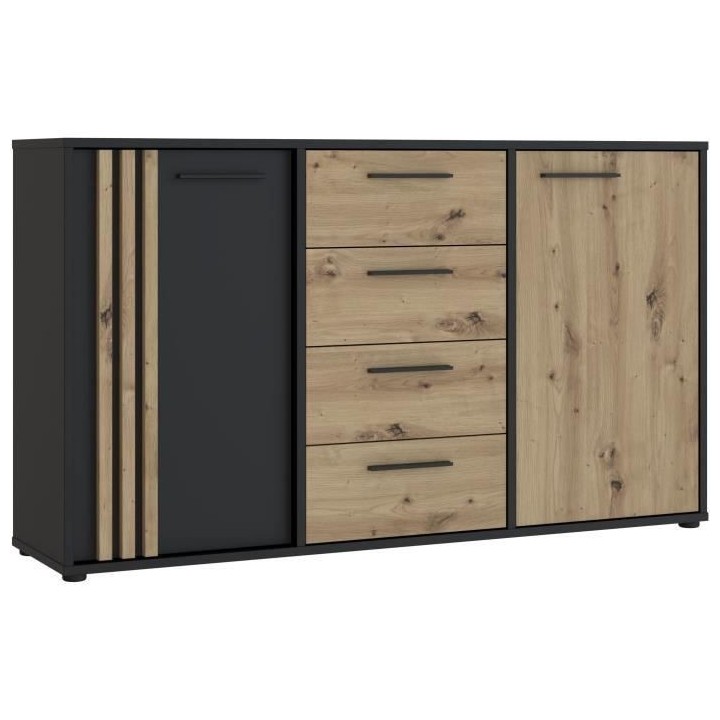 Buffet CARDIGAN 2 portes, 4 tiroirs - Décor chene artisan et noir - L