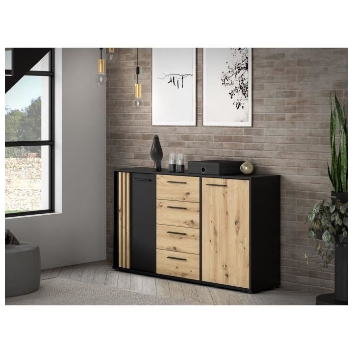 Buffet CARDIGAN 2 portes, 4 tiroirs - Décor chene artisan et noir - L