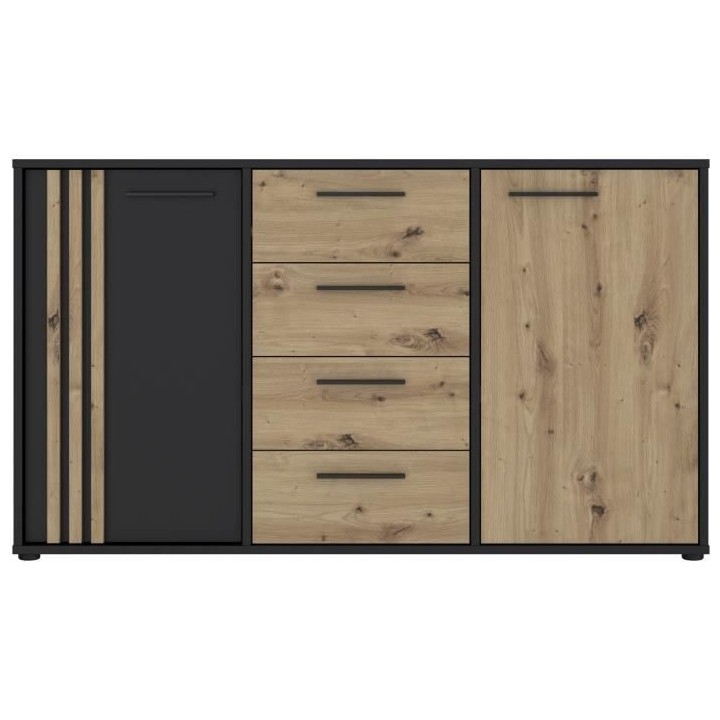 Buffet CARDIGAN 2 portes, 4 tiroirs - Décor chene artisan et noir - L