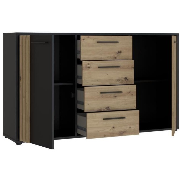 Buffet CARDIGAN 2 portes, 4 tiroirs - Décor chene artisan et noir - L