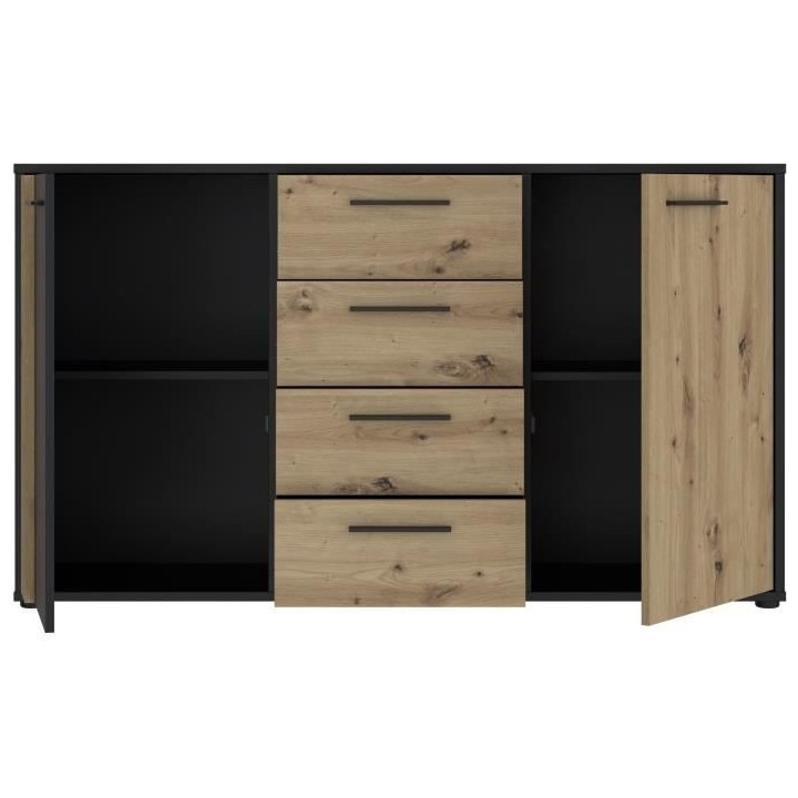 Buffet CARDIGAN 2 portes, 4 tiroirs - Décor chene artisan et noir - L