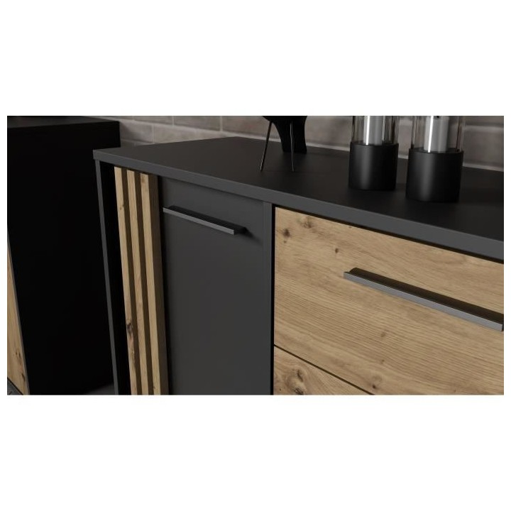 Buffet CARDIGAN 2 portes, 4 tiroirs - Décor chene artisan et noir - L
