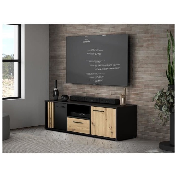 Meuble TV CARDIGAN 2 portes, 1 tiroir, 1 niche - Décor chene artisan