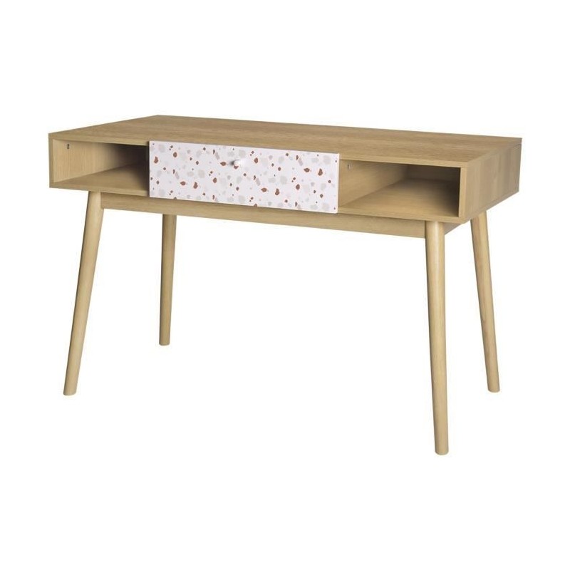 Bureau Droit GARDENIA - Bois et motifs - Pieds en Bois massif - 1 Tiroir - L 120 x P 55 x H 75 cm