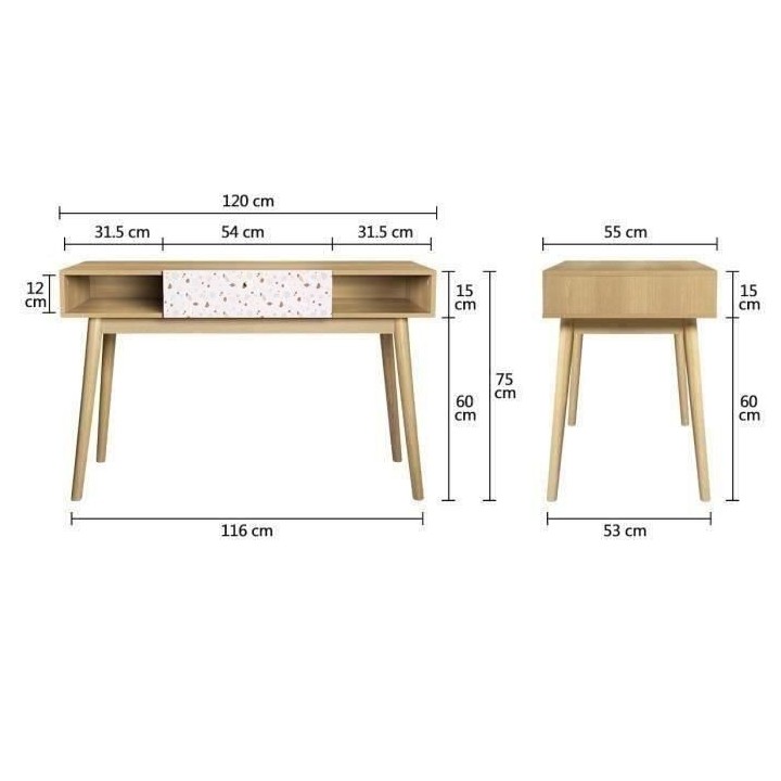 Bureau Droit GARDENIA - Bois et motifs - Pieds en Bois massif - 1 Tiro