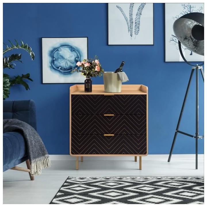 LINE Commode 3 tiroirs - Papier imitation bois et imprimé - L 80 x P