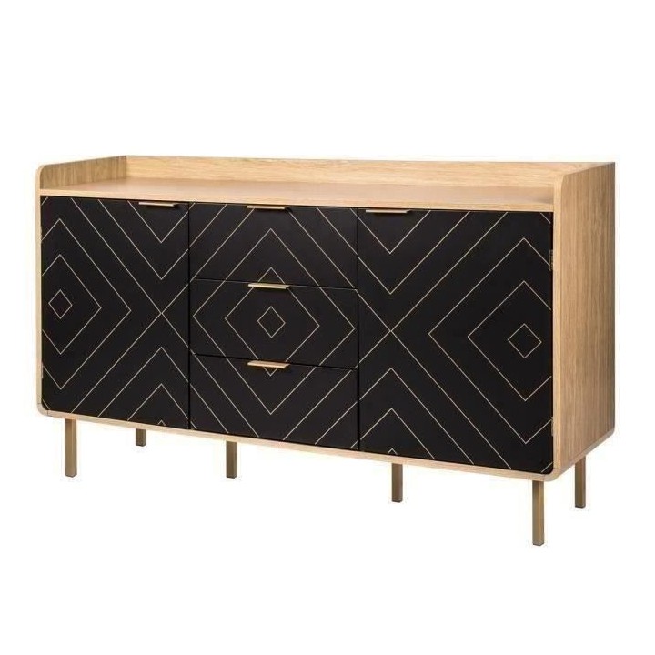 Buffet LINE - Décor bois et noir - 2 portes + 3 tiroirs - L 140 x P 4