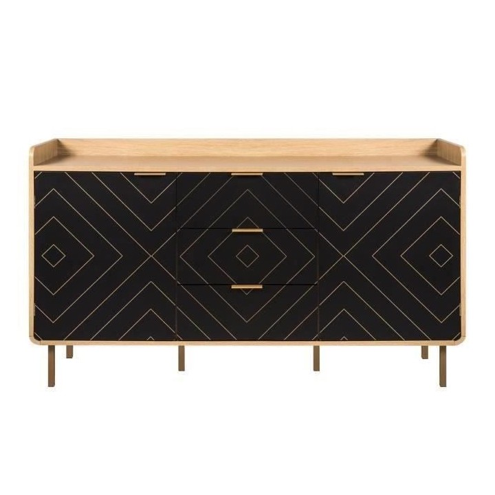 Buffet LINE - Décor bois et noir - 2 portes + 3 tiroirs - L 140 x P 4