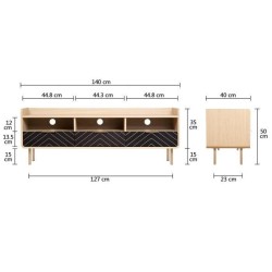 Meuble TV - Style chic - Panneaux de particules - Chene et motifs - L 140 x l 40 x H 50 cm - Avec 3 tiroirs et 3 étageres - LIN