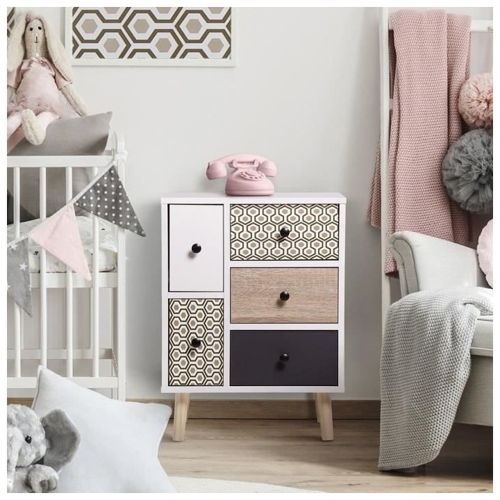 Meuble de rangement 5 tiroirs - En panneaux de particules avec piétem