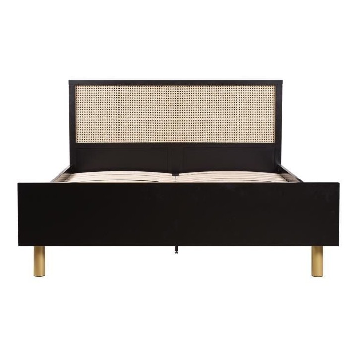 Lit 160x200 cm - En MDF laqué noir et cannage de rotin naturel - HARR