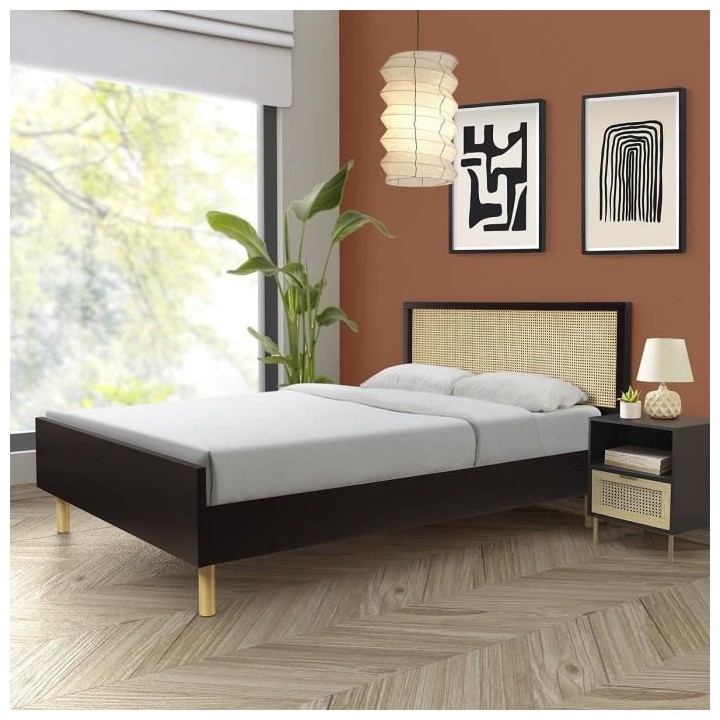 Lit 160x200 cm - En MDF laqué noir et cannage de rotin naturel - HARR